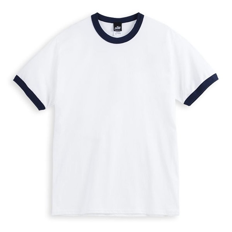 滾邊短袖T恤 - 白藏青 - 男 T 恤 - 棉．麻 