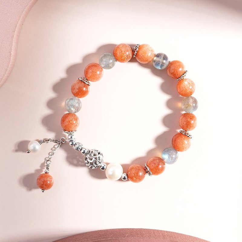 Sunset Shades | Stone Labradorite Pearl 925 Silver Crystal Bracelet - สร้อยข้อมือ - คริสตัล สีส้ม
