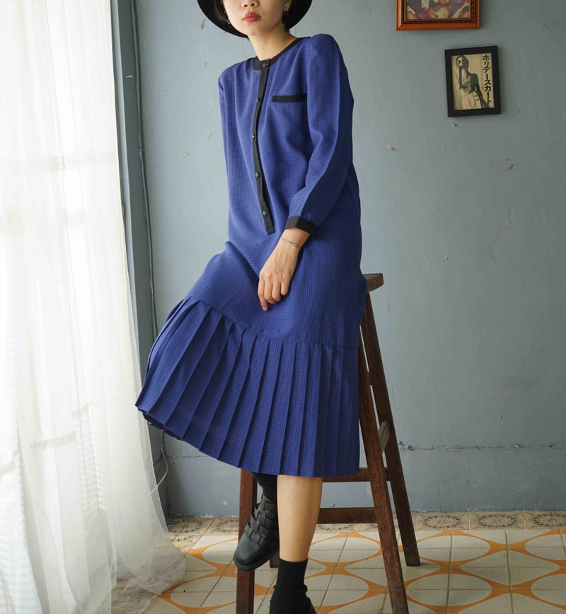 Treasure hunting vintage - Showa era royal blue houndstooth low waist pleated skirt retro dress - ชุดเดรส - เส้นใยสังเคราะห์ สีน้ำเงิน