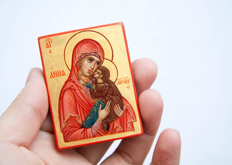 hand painted orthodox wood icon of Saint Anna mother of Virgin Mary pocket size - Other - Wood Red