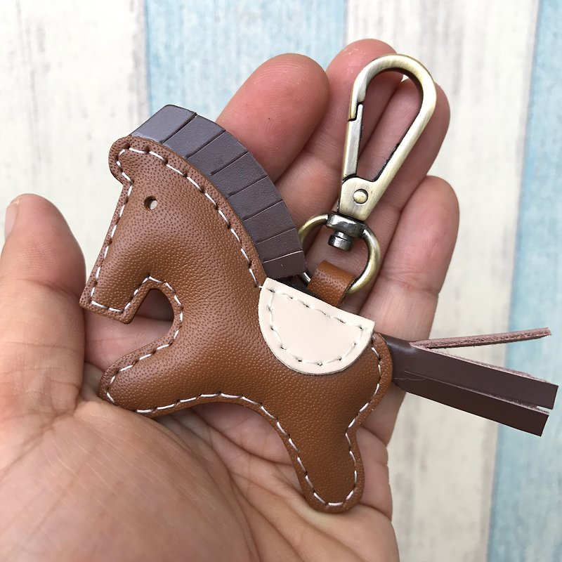 Healing small things brown cute pony hand-sewn leather keychain small size - Keychains - Genuine Leather Brown