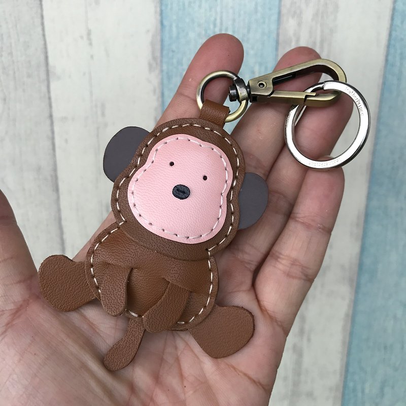 Brown cute monkey handmade sewn leather keychain small size small size - ที่ห้อยกุญแจ - หนังแท้ สีนำ้ตาล