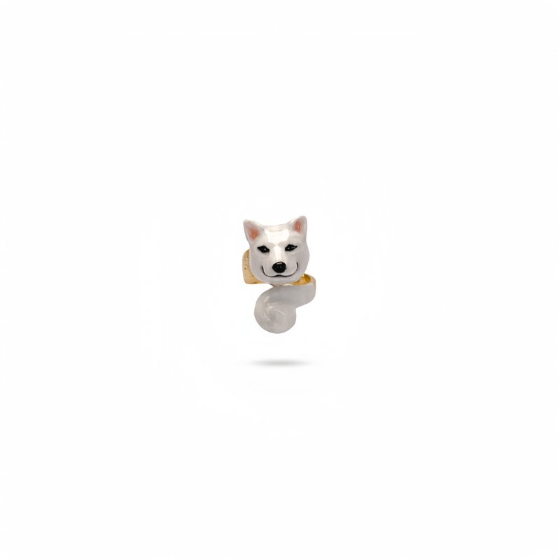 Super cute three-dimensional smiling white Shiba Inu painted enamel ring (size can be fine-tuned) - แหวนทั่วไป - วัตถุเคลือบ 