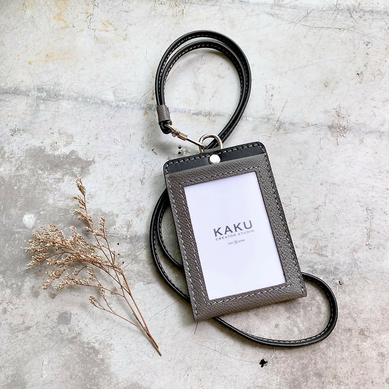 ID holder EasyCard gray palm print/hacker customized gift - ที่ใส่บัตรคล้องคอ - หนังแท้ สีเทา