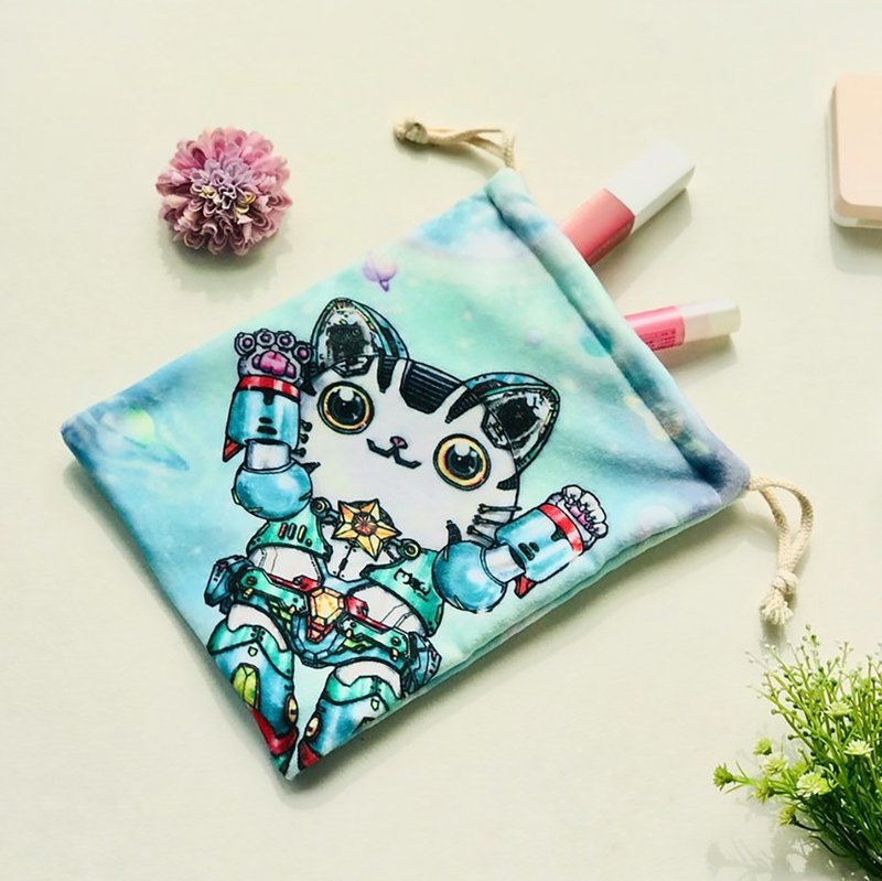 Universal Drawstring Pocket | Flannel | Washable- Robotic Cat - Toiletry Bags & Pouches - Other Materials Blue