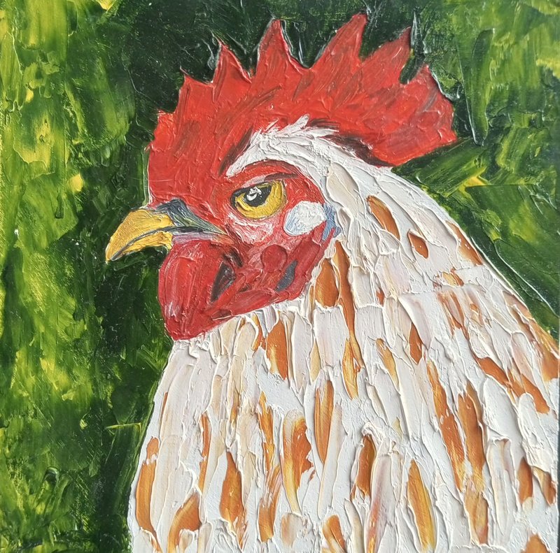 Rooster Oil Painting Farm Original Art Bird portrait Rooster Wall Decor Tiny Art - 海報/掛畫/掛布 - 顏料 綠色