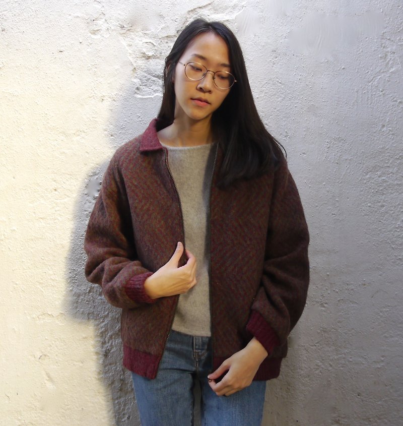 FOAK vintage pure wool coat dark wavy - เสื้อแจ็คเก็ต - ขนแกะ สีแดง