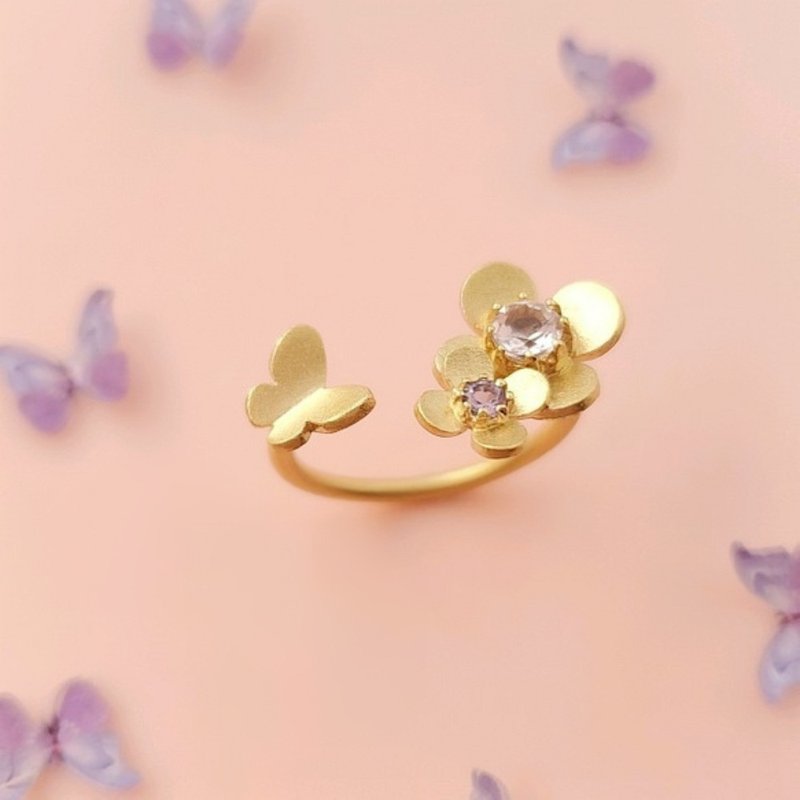 【9 types】 Open ring of butterfly flying toward a flower / freshwater pearl - General Rings - Gemstone Gold