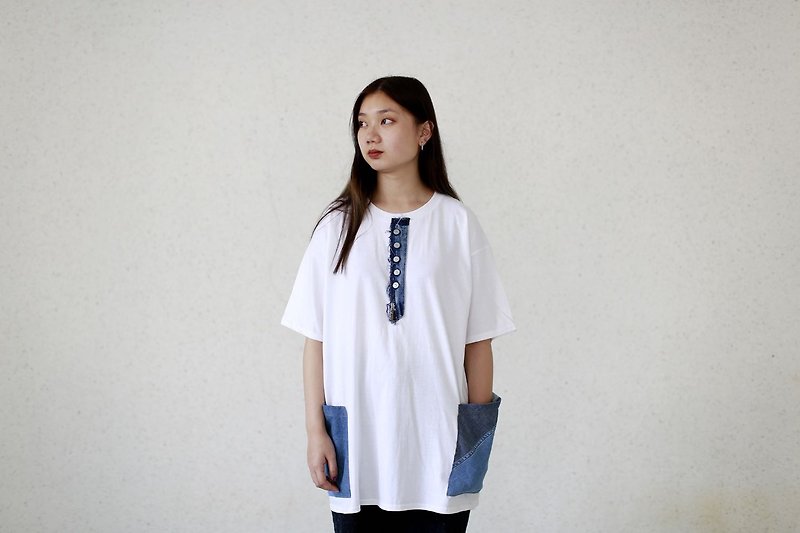 Oversize tee with denim button and pockets  - Unisex Hoodies & T-Shirts - Cotton & Hemp White