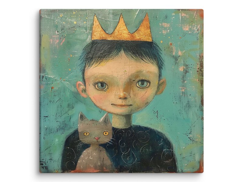 Prince Painting Boy With Cat Original Art On Canvas Pet Naive Oil Painting - โปสเตอร์ - วัสดุอื่นๆ หลากหลายสี