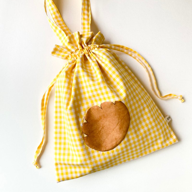 奶油麵包與格紋束口袋 - 手提包/手提袋 - 棉．麻 黃色