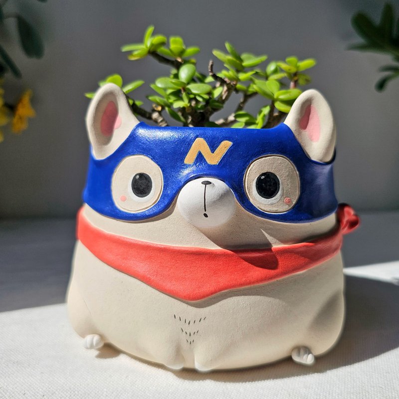 White dog plant pot, Super Noonster Woof. Handmade planter. - 花瓶/花器 - 陶 