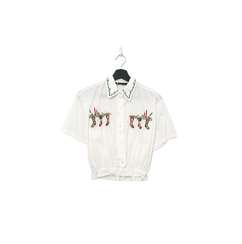 Back to Green-再製刺繡白襯衫 蠟燭聖誕襪 ws-03//vintage shirt - 女襯衫 - 棉．麻 