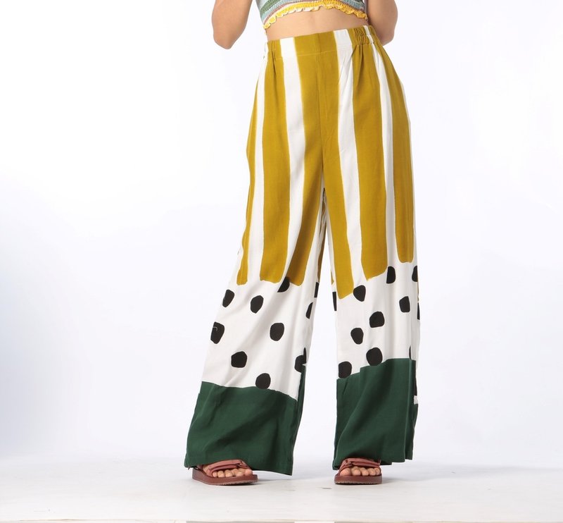 Long Pant Cotton Rayon Hand Paint Free Size For Summer Beach - 女長褲 - 棉．麻 綠色