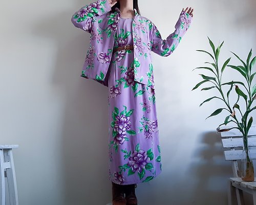 ISSARA ART GALLERY 復古 90 年代 2 件套絲綢花卉連身裙夾克 METRO STYLE 尺寸 16 XL