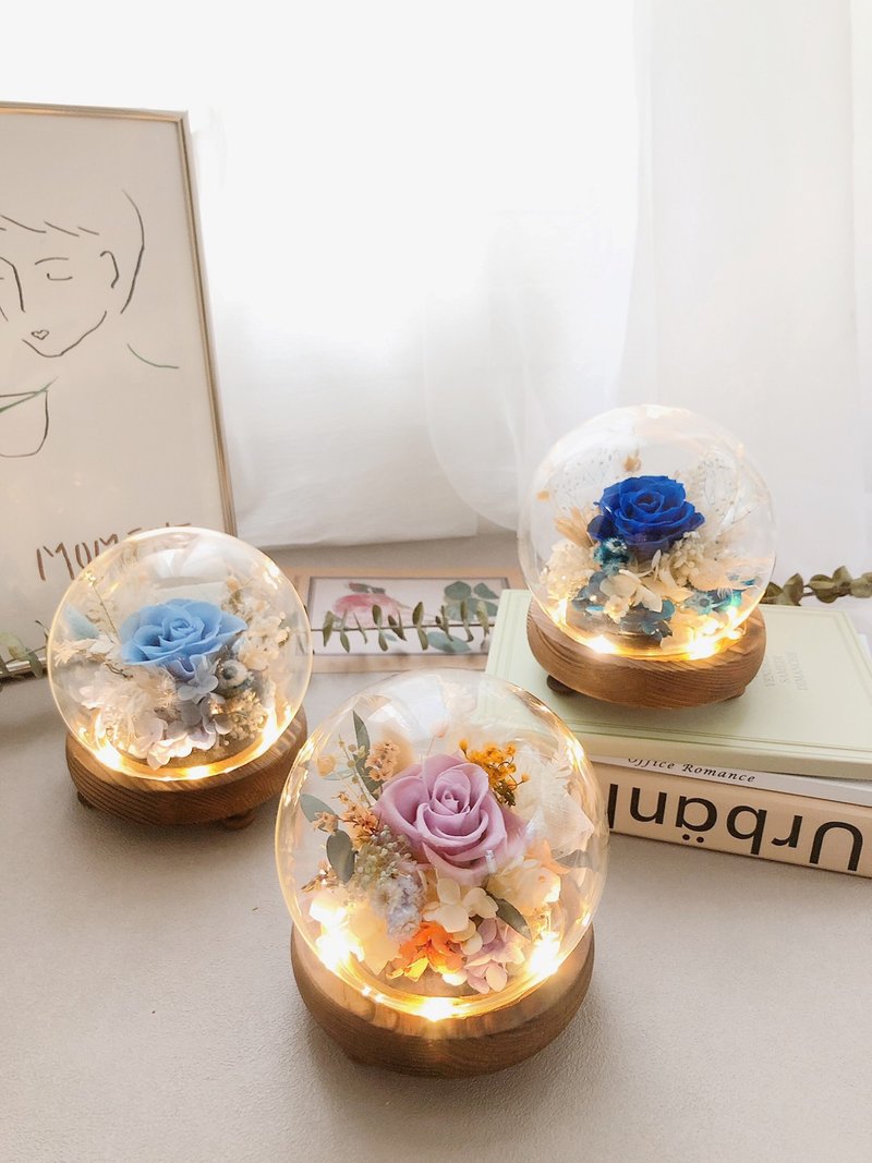 LED immortal flower glass cover immortal rose dried flower memorial day gift night light congratulation gift - ช่อดอกไม้แห้ง - พืช/ดอกไม้ หลากหลายสี