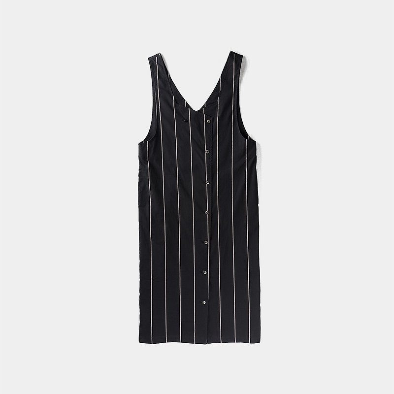 Black cotton button sleeveless dress slim striped straight dress No.541 - ชุดเดรส - ผ้าฝ้าย/ผ้าลินิน สีดำ