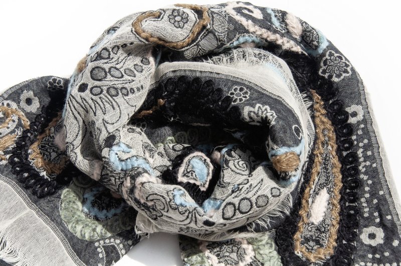 喀什米爾Cashmere/水煮羊毛披肩/針織圍巾/刺繡圍巾/羊絨披巾-花 - 圍巾/披肩 - 羊毛 黑色