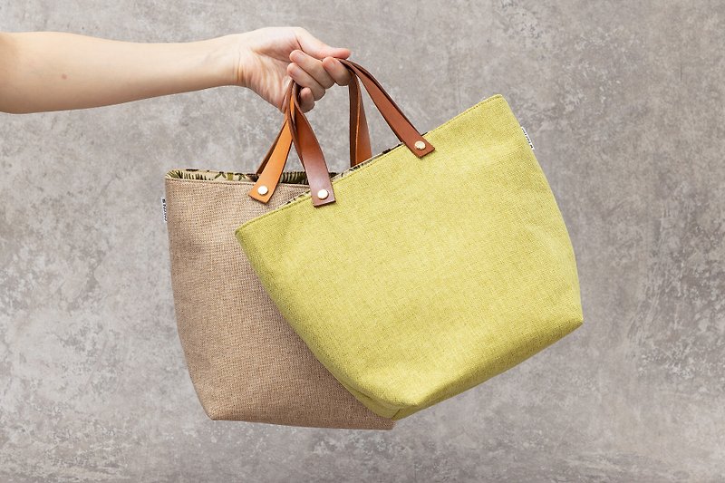 棉．麻 手提包/手提袋 卡其色 - 【極簡系列】手工皮革手提布包 | 手提袋 | 淺卡其色 | 草地綠 |