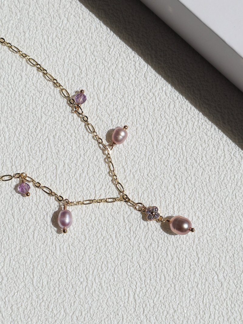 Ballet Diva. Amethyst Lilac Natural Freshwater Pearl 14K Gold Filled Crystal Design Necklace - สร้อยคอ - คริสตัล สีม่วง