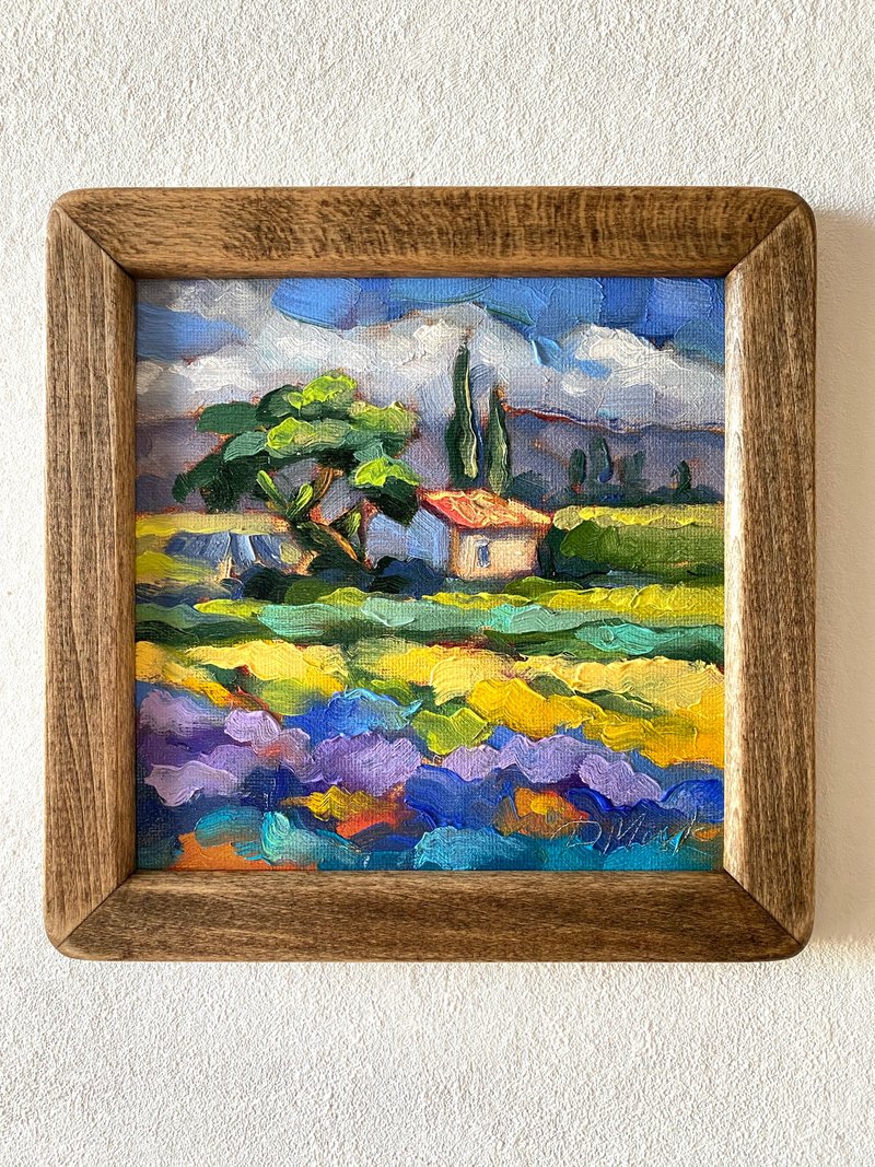 薰衣草田繪畫托斯卡納原創藝術風景油畫厚塗小幅藝術品 8x8 托斯 - 壁貼/牆壁裝飾 - 木頭 
