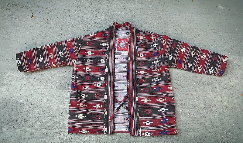 AMIN'S SHINY WORLD手工訂製KIMONO印地安圖騰條紋綁繩拉鏈罩衫大衣外套 - 外套/大衣 - 棉．麻 多色