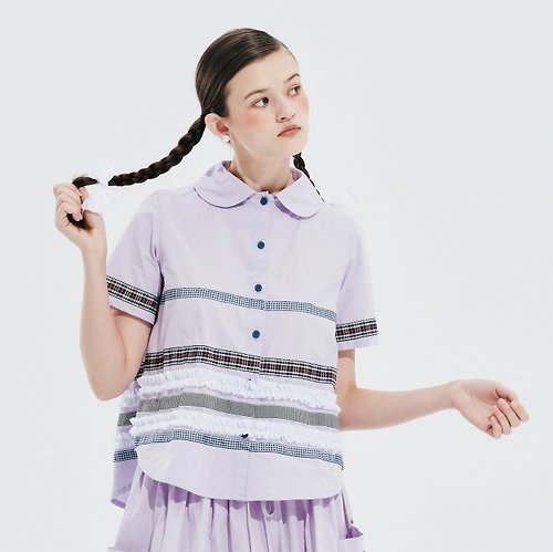 imakokoni 紫色純棉拼接襯衫 / 短袖 夏季 上衣