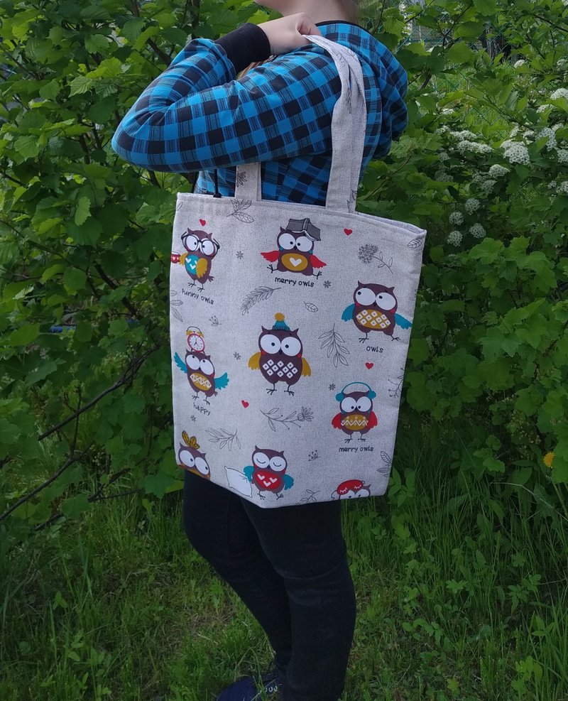 Strong reusable grey tote bag, cotton canvas bag with owls - Handbags & Totes - Cotton & Hemp Silver