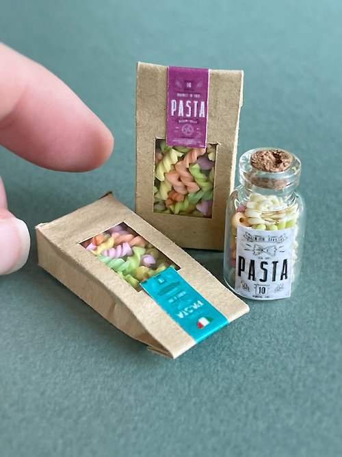DOLLFOODS 3 pc., miniature pack of pasta for playing dollhouse, scale 1:12, polymer plasti