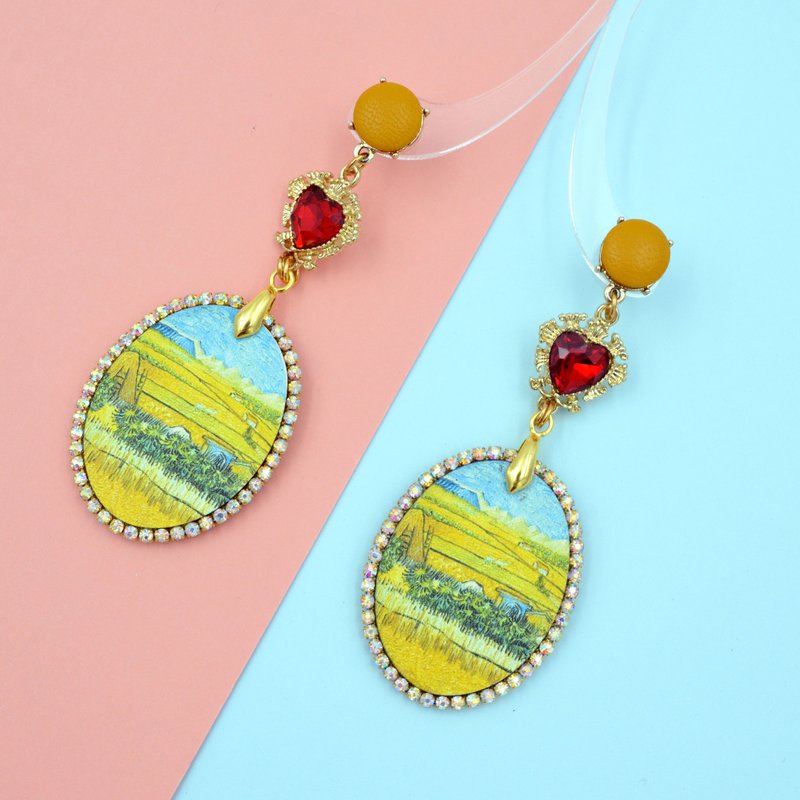 TIMBEE LO Pastoral Country Landscape Painting Crystal Earrings Retro Lightweight - ต่างหู - พลาสติก สีเหลือง