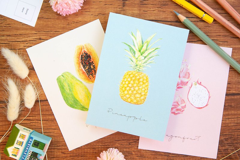 Hand-drawn 11 Fruits Postcard Pack - การ์ด/โปสการ์ด - กระดาษ หลากหลายสี