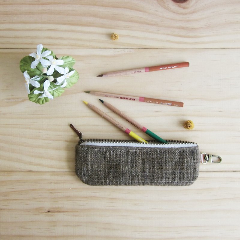 ペンシルケース手織りと植物染めコットンブラウン - ペンケース・筆箱 - コットン・麻 ブラウン