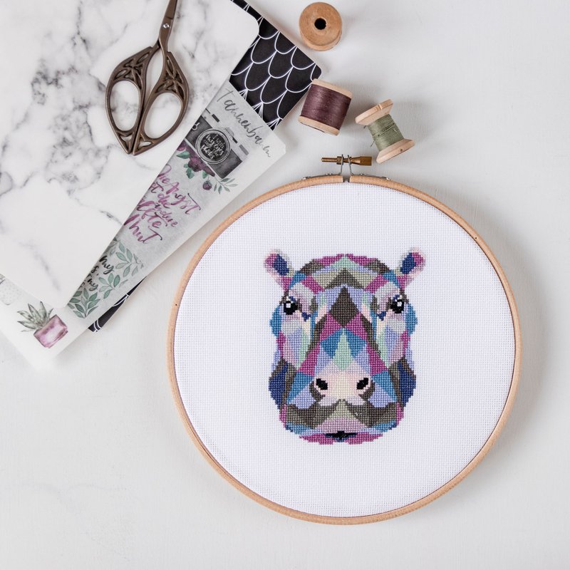 Hippo Cross Stitch PDF Pattern 十字繡 - 編織/刺繡/羊毛氈/縫紉 - 其他材質 