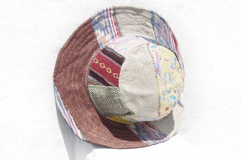 南美風拼接手織棉麻帽 編織帽 漁夫帽 遮陽帽 草帽-水彩草地森林 - 帽子 - 棉．麻 多色