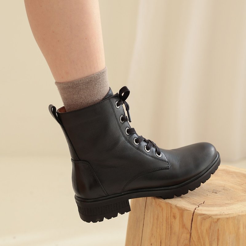 women black leather lace up short boots - Women's Booties - Genuine Leather 