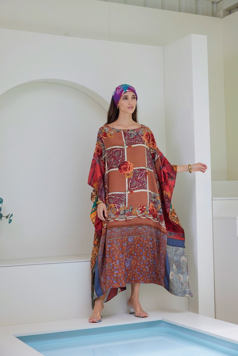 Silk Scarves Patchwork Kaftan, Women Plus Size, Floral Vintage, Designer Caftan - One Piece Dresses - Silk Brown