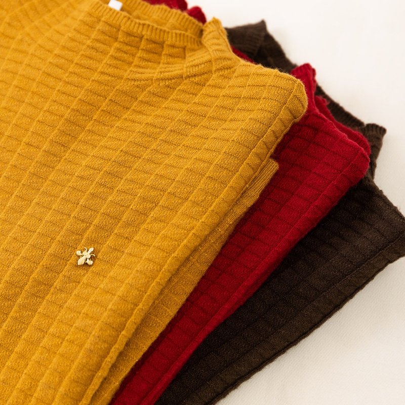 【MEDUSA】Waffle Plaid Band Collar Knitted S/S Sweater - Women's Sweaters - Other Man-Made Fibers Yellow