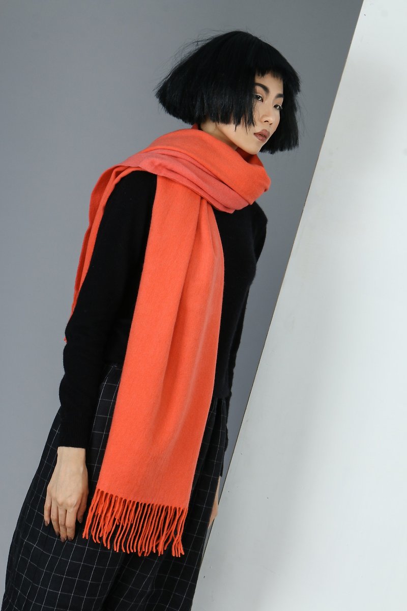 Plain double-sided pure wool scarf shawl -watermelon red+orange - ผ้าพันคอถัก - ขนแกะ สีแดง