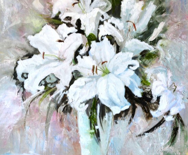 ユリの花のアート白い花オリジナルアートユリの油絵 - ショップ