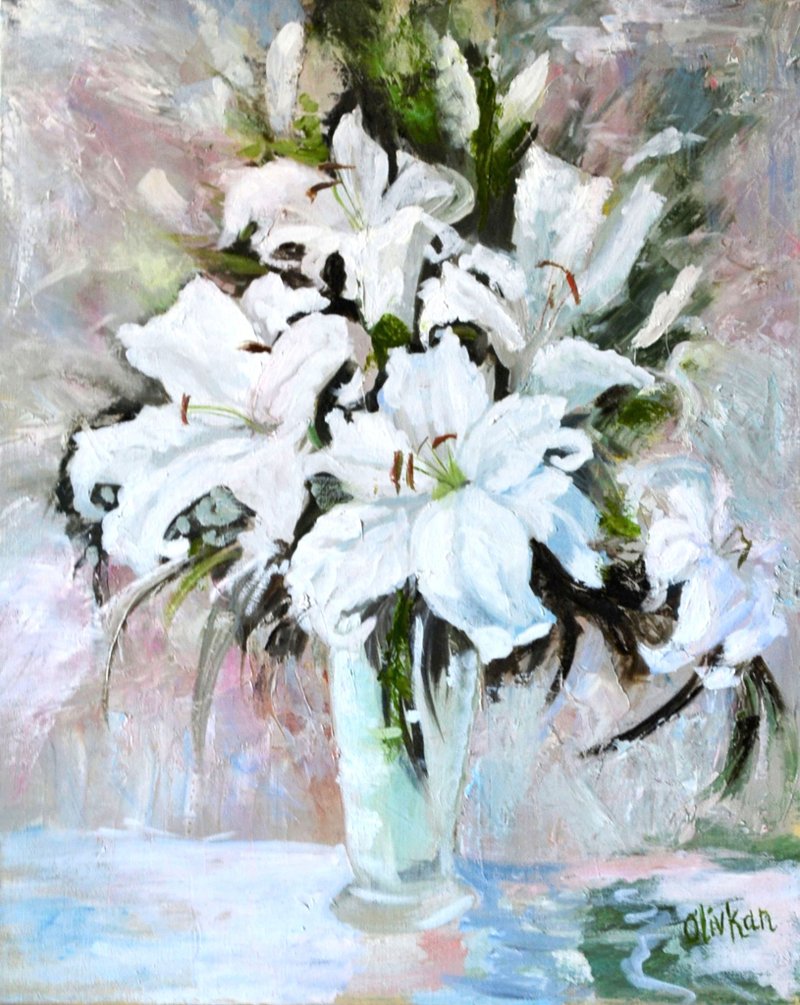 Lily Floral Art White Flower Original Art Lily Oil Painting - โปสเตอร์ - วัสดุอื่นๆ หลากหลายสี