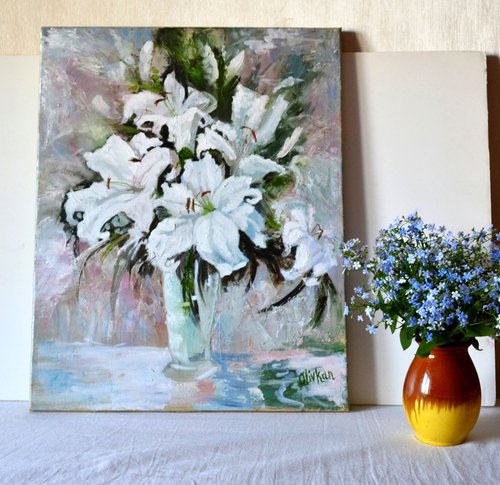 ユリの花のアート白い花オリジナルアートユリの油絵 - ショップ ユリの花のアート白い花オリジナルアートユリの油絵 - ショップ