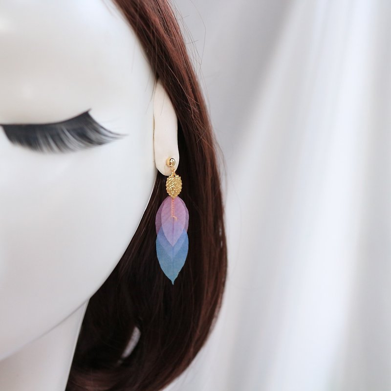 Dreamy organza Silk Yarn Leaf pink Blue Drop Earrings - Earrings & Clip-ons - Silk Pink