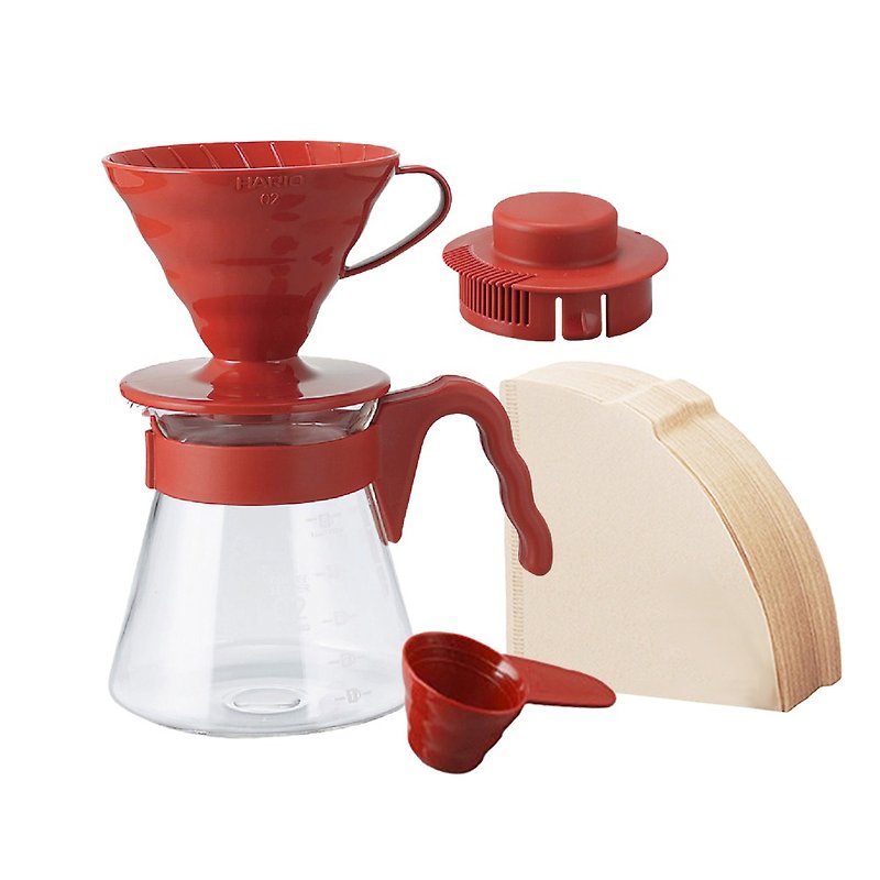HARIO V60紅色濾泡咖啡壺組/VCSD-02R 附濾紙40枚 - 咖啡壺/咖啡器具 - 玻璃 紅色