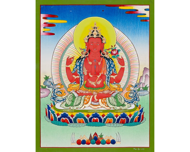 手工製作的紅色觀音唐卡 - 真正的慈悲象徵 - 壁貼/牆壁裝飾 - 其他材質 多色