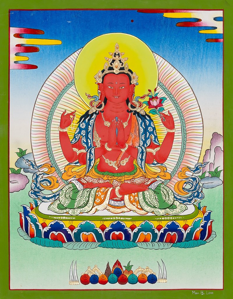 手工製作的紅色觀音唐卡 - 真正的慈悲象徵 - 壁貼/牆壁裝飾 - 其他材質 多色