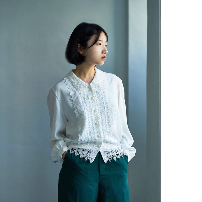 白玉/日本古著蕾絲襯衫 - 女襯衫 - 聚酯纖維 