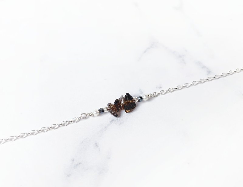 Simple Straight Bracelet / Smoky Crystal-Citrine Obsidian Pearl 925 Silver Bracelet - สร้อยข้อมือ - เครื่องประดับพลอย สีนำ้ตาล