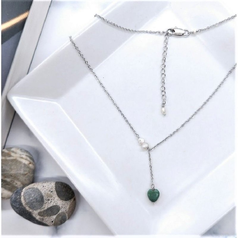 項鍊。珍珠*綠松石愛心不鏽鋼Y字細鍊 - 項鍊 - 寶石 綠色