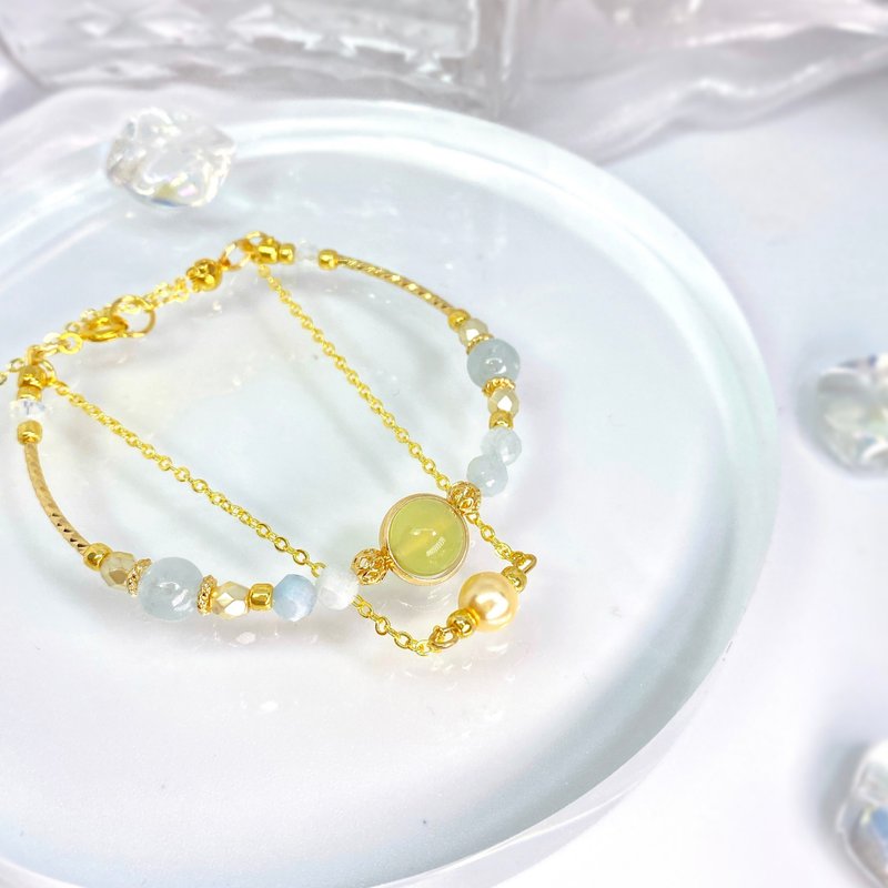 Leaf in Water | Apple Agate Aquamarine Pearl Natural Stone Crystal Double Layer Bracelet - สร้อยข้อมือ - คริสตัล สีน้ำเงิน