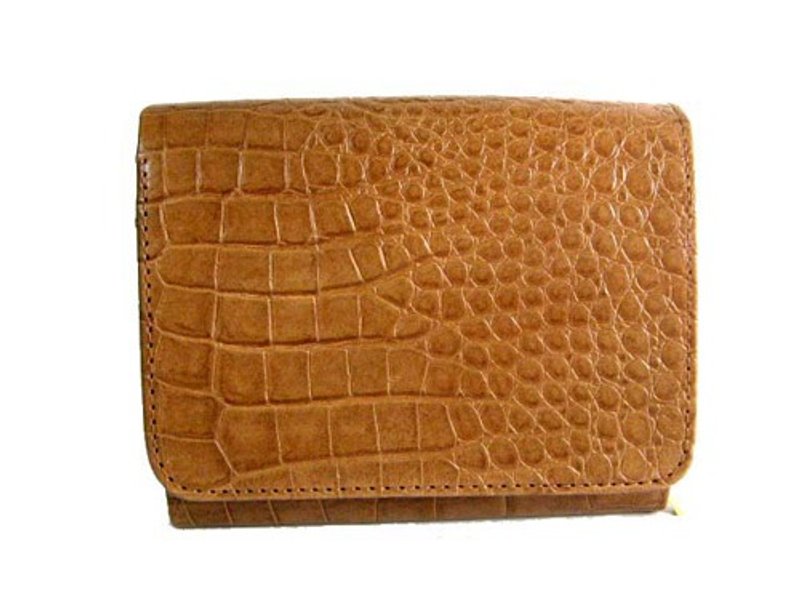 L-shaped zippered wallet, brown cowhide stamped crocodile - กระเป๋าสตางค์ - หนังแท้ สีทอง